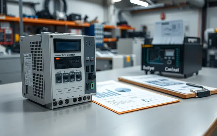 PLC控制器和变频器实物摆放在工作台上，旁边放有技术参数表